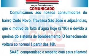 COMUNICADO SAAE 27/03/2023 - BAIRRO CODÓ NOVO.