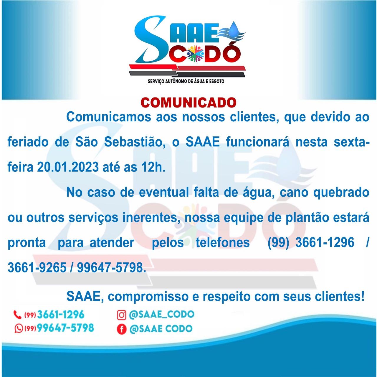 COMUNICADO SAAE 20/01/2023 - Horário de Funcionamento