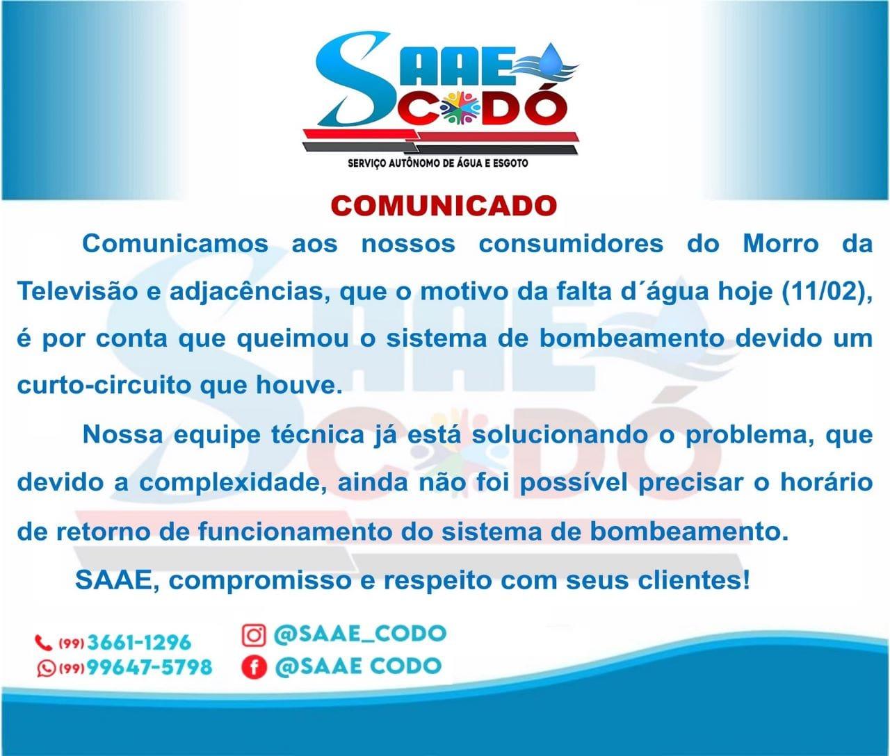 COMUNICADO SAAE 11/02/2022 - FALTA D'ÁGUA NO MORRO DA TELEVISÃO