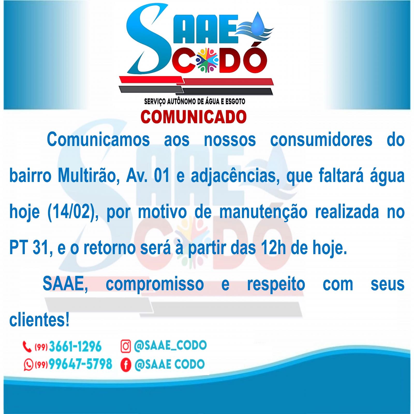 COMUNICADO SAAE 14/02/2023 - PROGRAMAÇÃO DE MANUTENÇÃO NO PT 31.