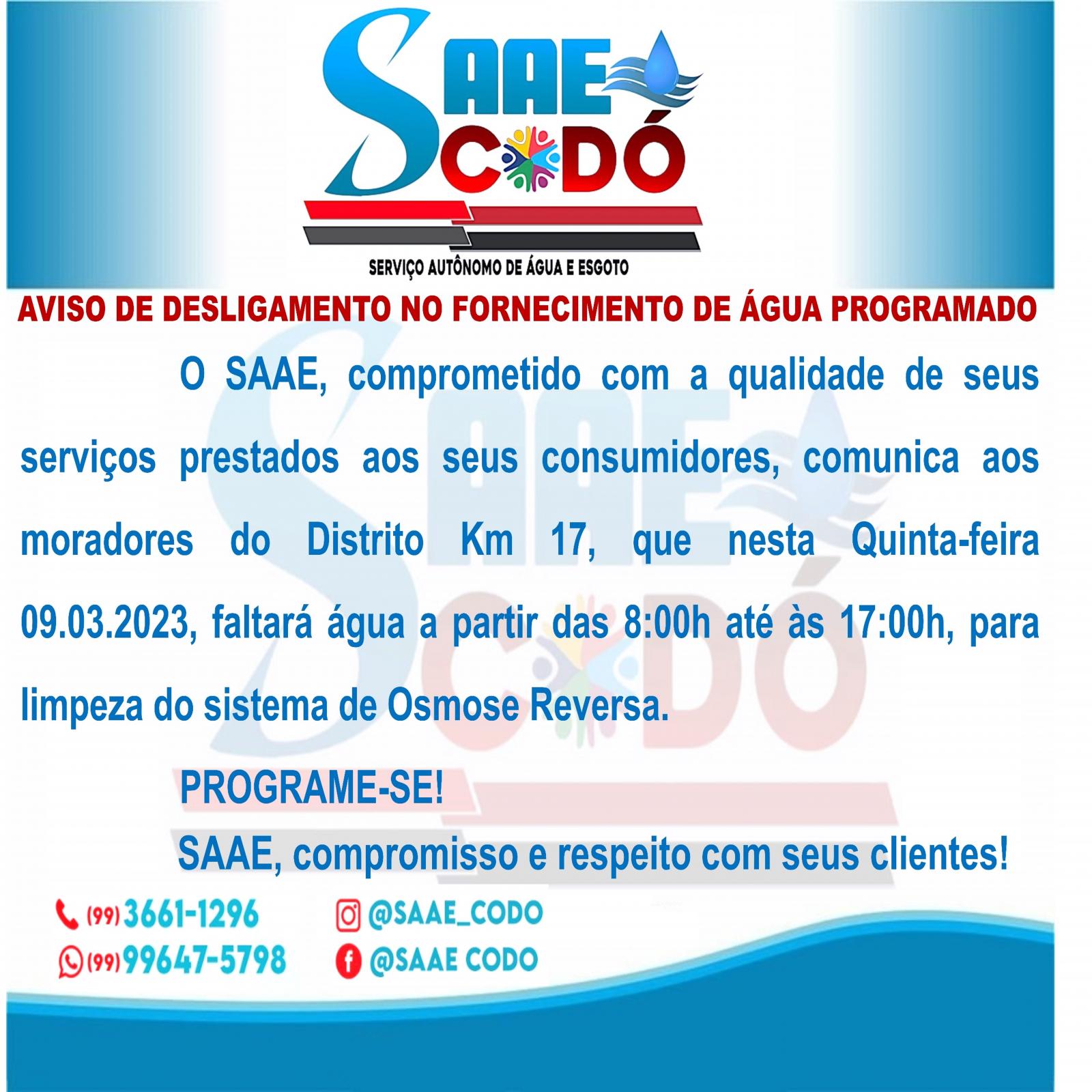 AVISO DE DESLIGAMENTO NO FORNECIMENTO DE ÁGUA PROGRAMADO.