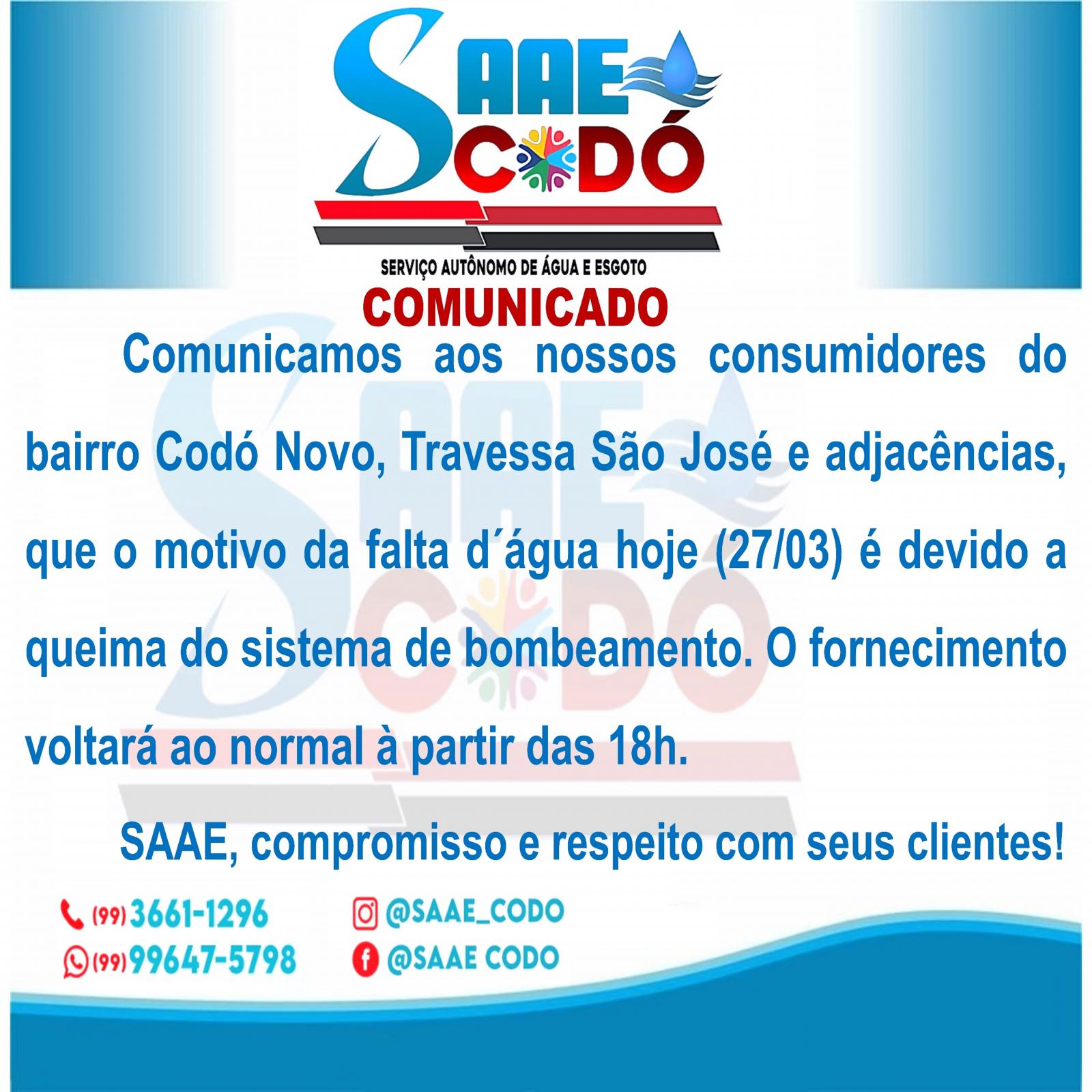 COMUNICADO SAAE 27/03/2023 - BAIRRO CODÓ NOVO.