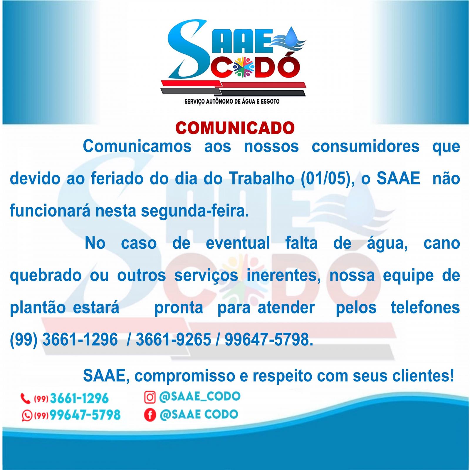 COMUNICADO SAAE 01/05/2023 - Feriado do dia do Trabalho (01/05)