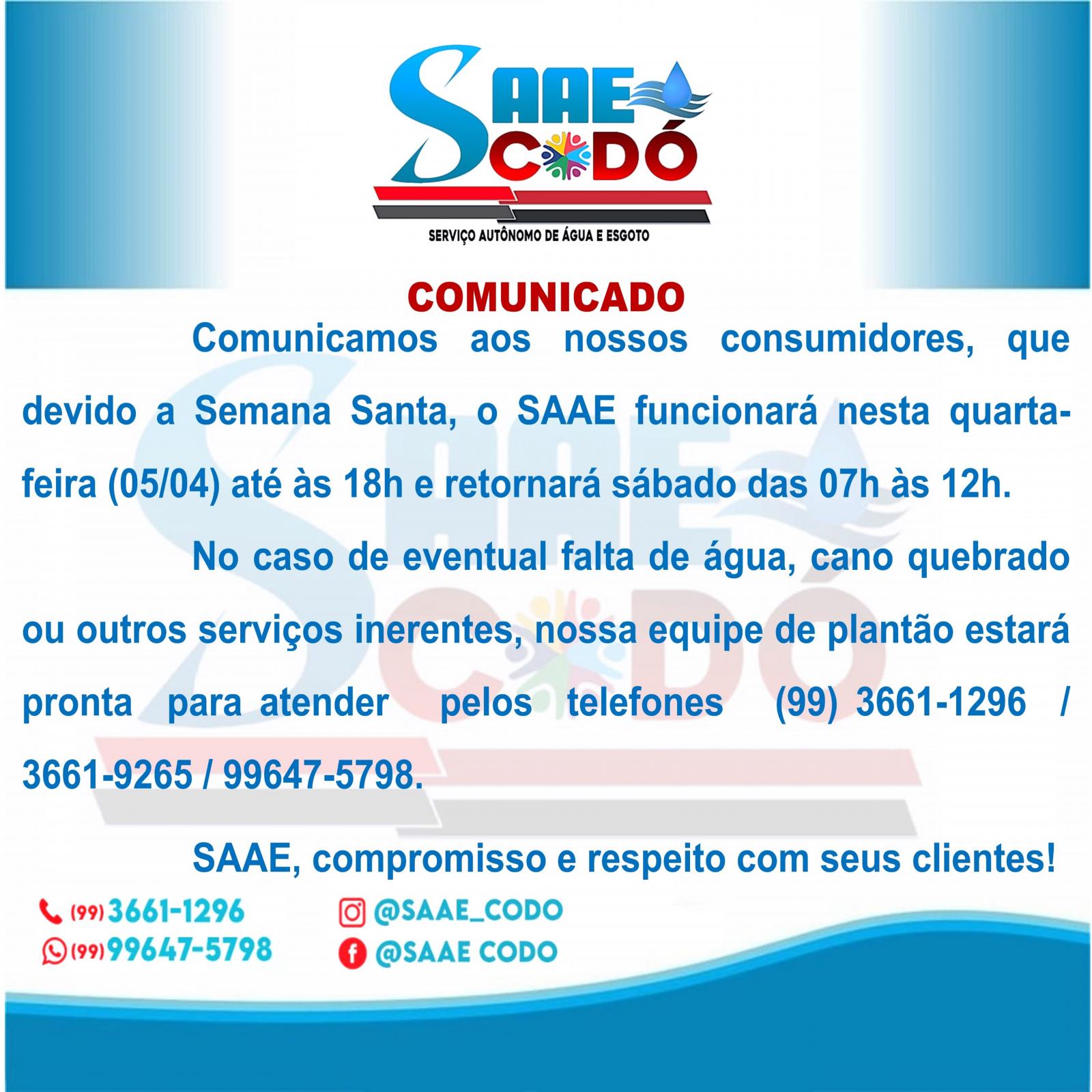 COMUNICADO SAAE 05/04/2023 - Horário de Funcionamento (Semana Santa).