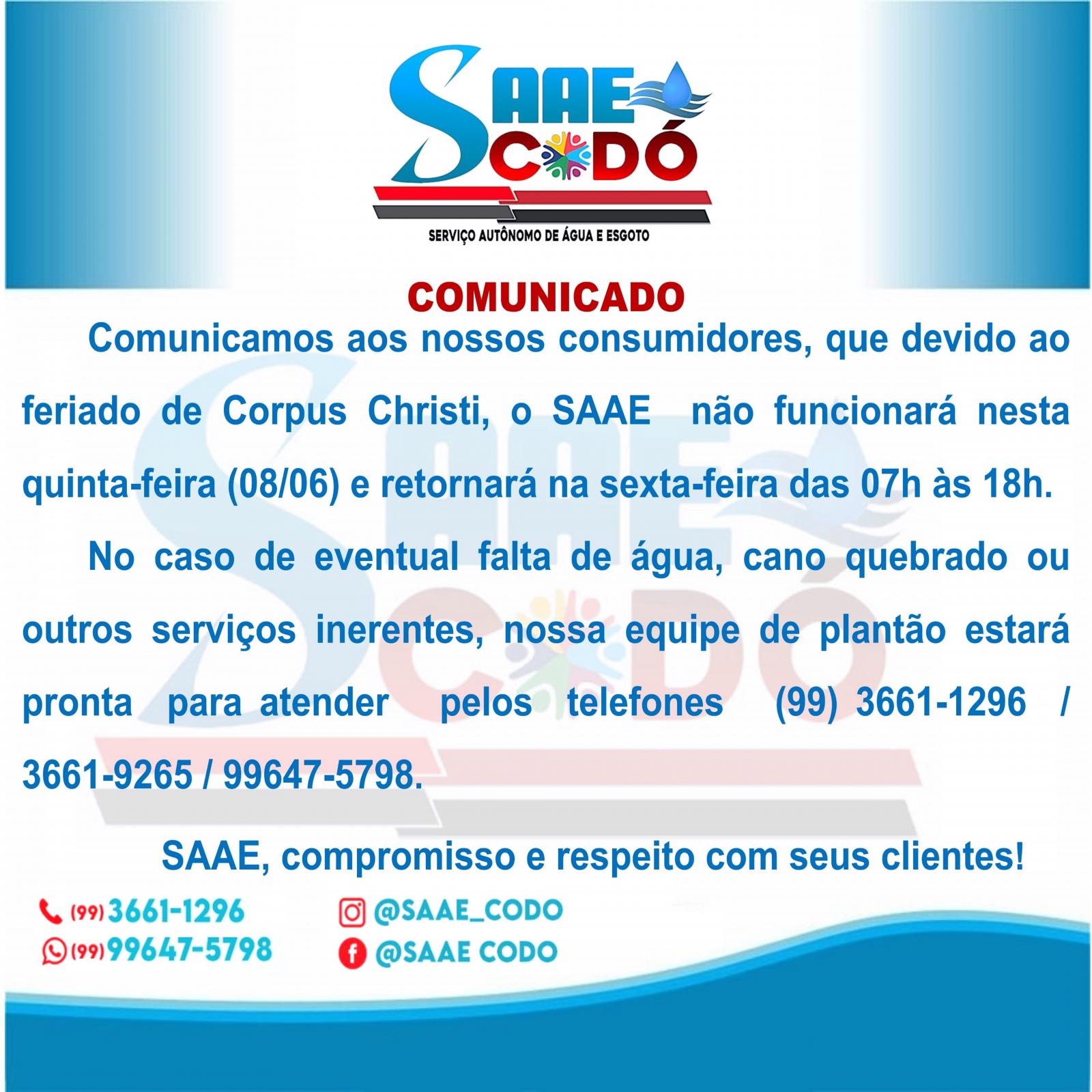 COMUNICADO SAAE 08/06/2023 - Horário de Funcionamento (Feriado de Corpus Christi).