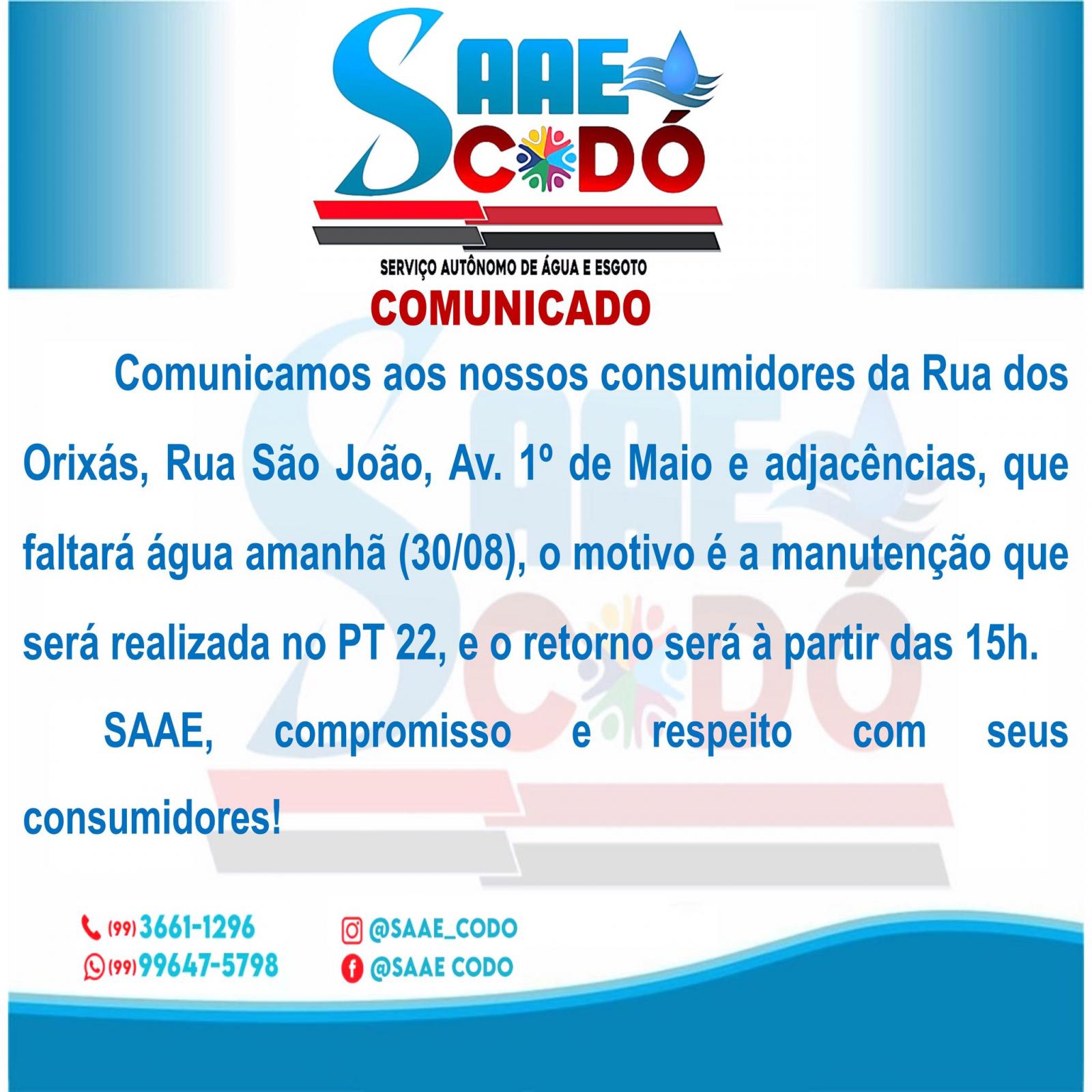 COMUNICADO DE DESLIGAMENTO DE FORNECIMENTO DE ÁGUA PROGRAMADO.