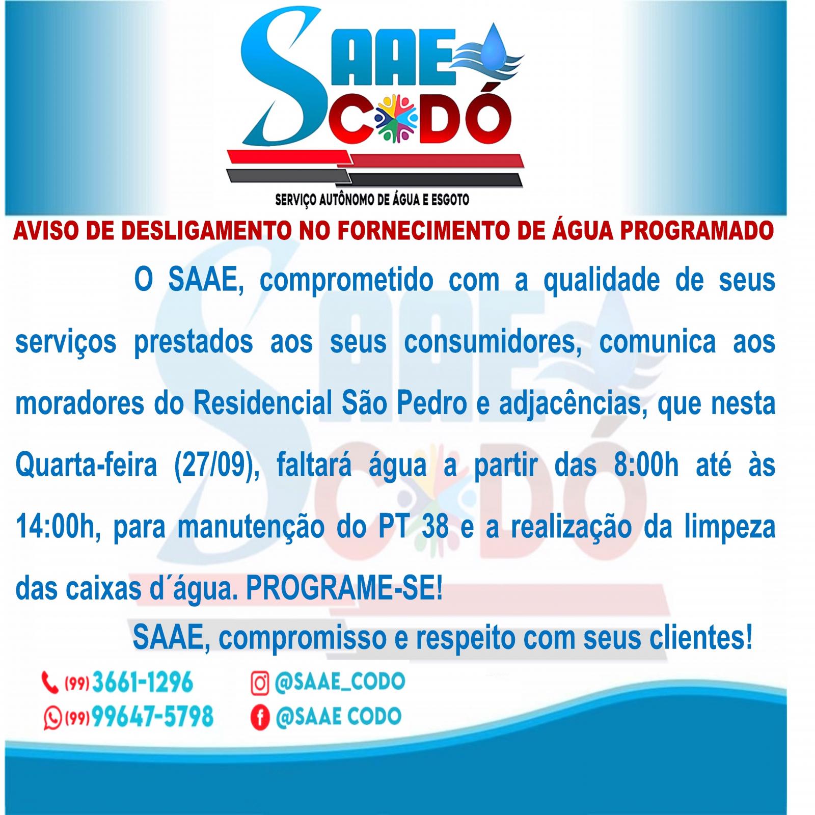 AVISO DE DESLIGAMENTO NO FORNECIMENTO DE ÁGUA PROGRAMADO.