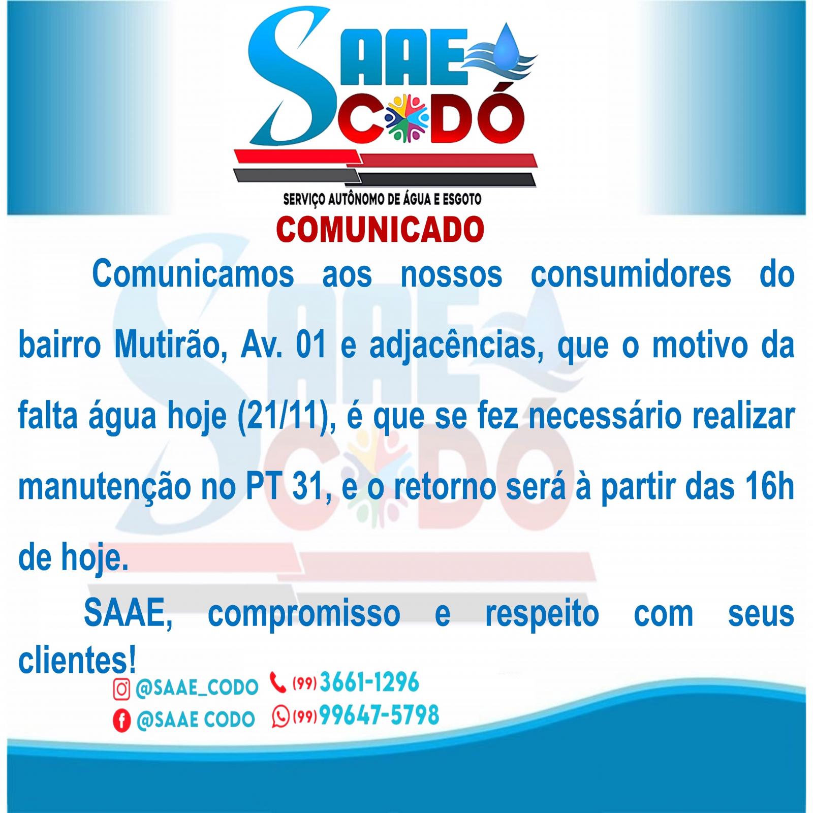 Comunicado SAAE 21/11/2023 - Bairro Mutirão. Comunicado SAAE 21/11/2023 - Bairro Mutirão.
